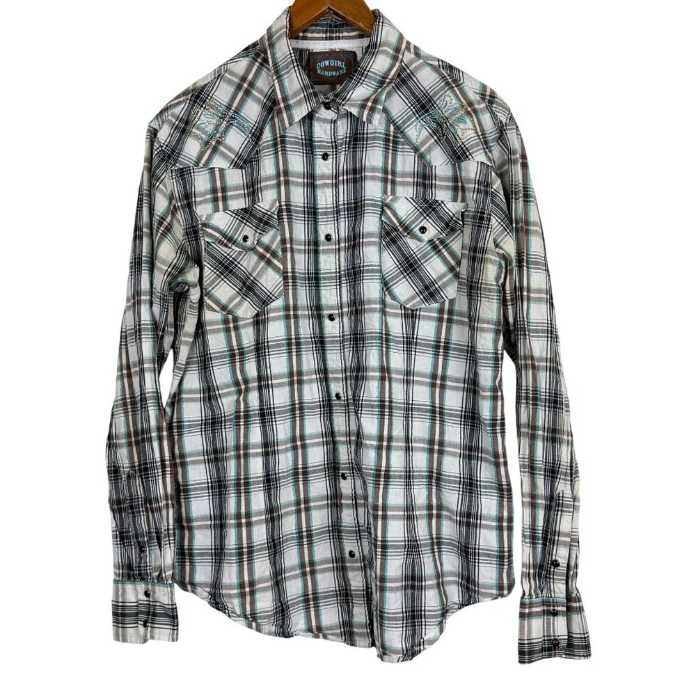 Cowgirl Hardware Womens XL Western Plaid Pearl Snap Shirt Embroidery Long Sleeve